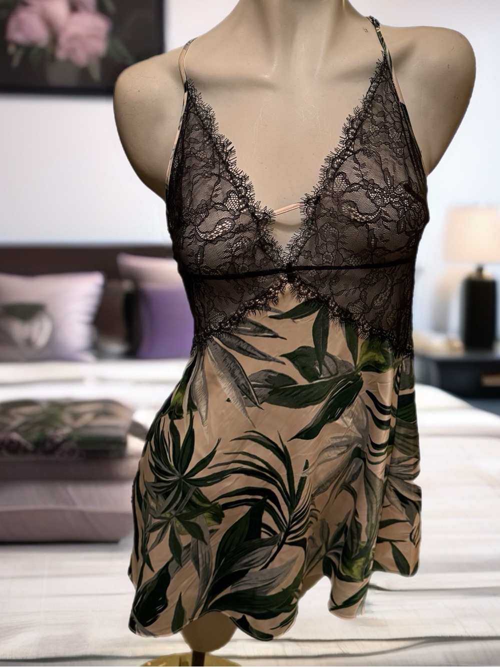 Victoria's Secret Black Lace & Green Leaf Satin Chemise